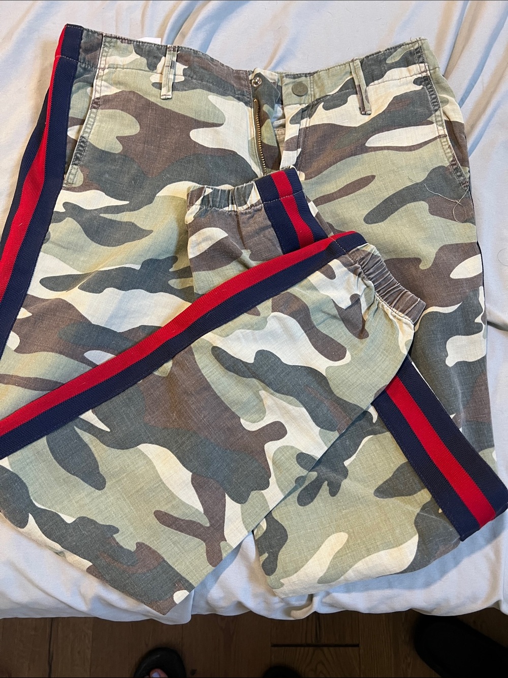 MOTHER Camouflage Pants with Red & Navy Side Stripe